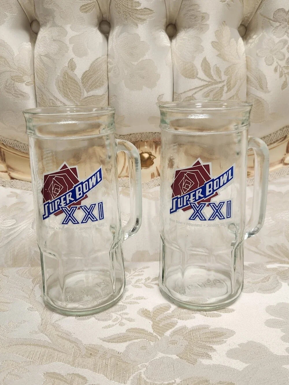 Vintage Super Bowl XXI (21) Glass Mugs, Set Of 2, 1986/7, Pasedena, Fisher, Cup